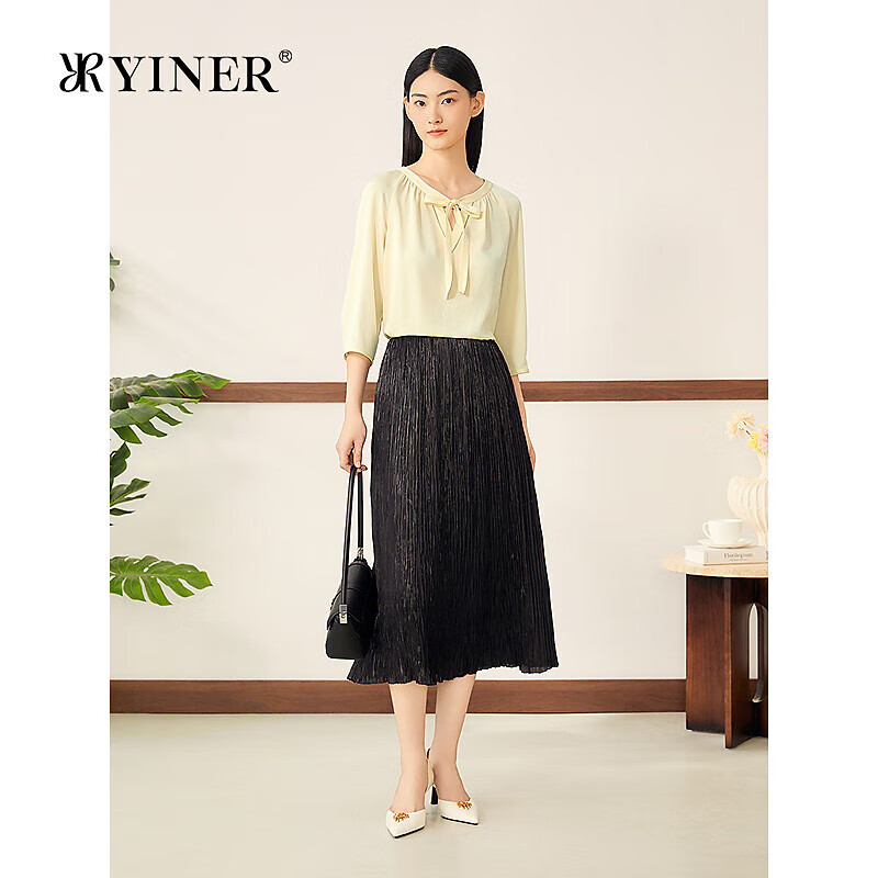音儿(YINER)2025秋季新款飘带V领碎褶知性上衣 浅黄绿 2XL (175)