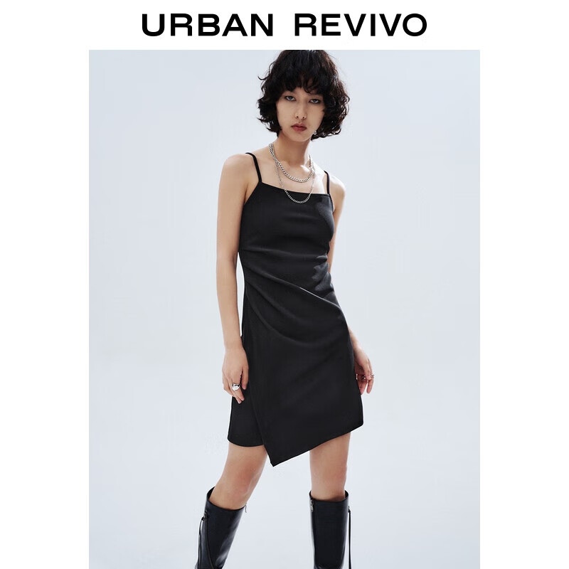 UR2025秋季新款女装时尚不对称褶皱收腰吊带连衣裙UYY750098