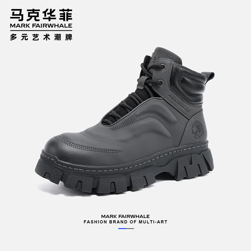 马克华菲马丁靴男秋冬季新款男士高帮工装靴英伦风中帮加绒雪地靴黑色皮靴 灰黑【单鞋】 40【偏大/拍小一码】