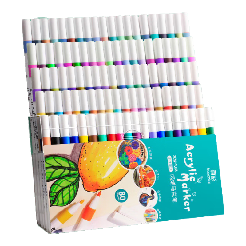真彩丙烯馬克筆不透色可疊色兒童水彩筆筆芯小學生美術專用幼兒園無毒可水洗24/80色丙稀畫筆軟頭白色 80色圓桿+手提袋裝