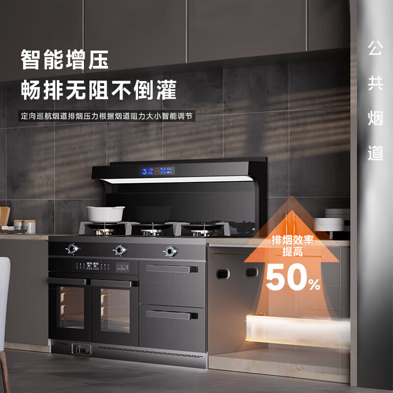 冈田（日本）集成灶家商两用一体灶 大尺寸大容量消毒柜蒸烤箱一体 语音智控变频大吸力烟灶蒸烤消套装 1200-气+气+水槽+蒸烤一体+储物柜 液化气20Y