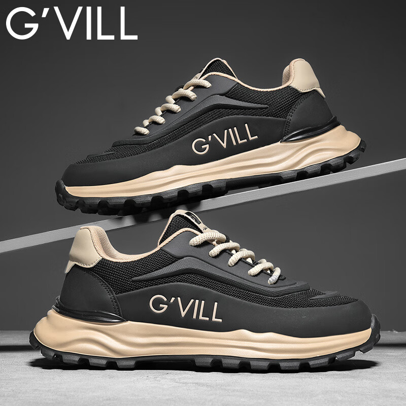 贵之步新款秋冬季舒适软底防滑缓震休闲鞋男款厚底增高运动鞋男鞋 黑杏 G003 42 （运动鞋码）