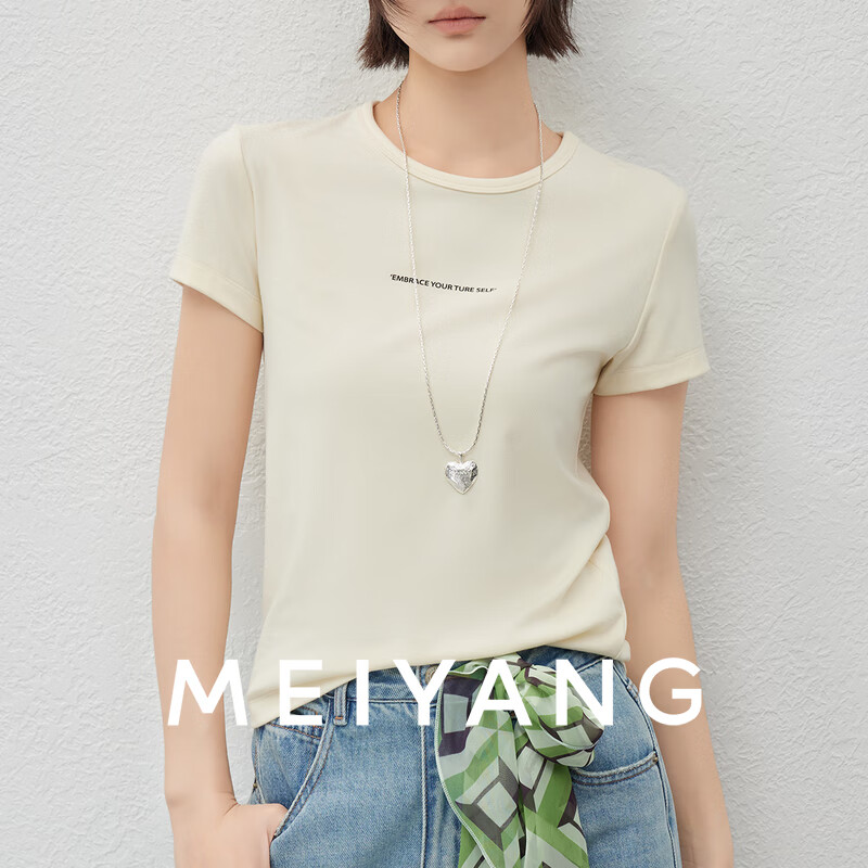 美洋（MEIYANG）三号瘦瘦T 弹力螺纹棉_圆领正肩字母印花短袖 奶黄色 M