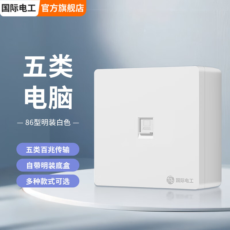 国际电工明装千兆电脑墙插万兆网络面板光纤宽带多孔弱电信息插座 白色明装五类-单口网线 插座