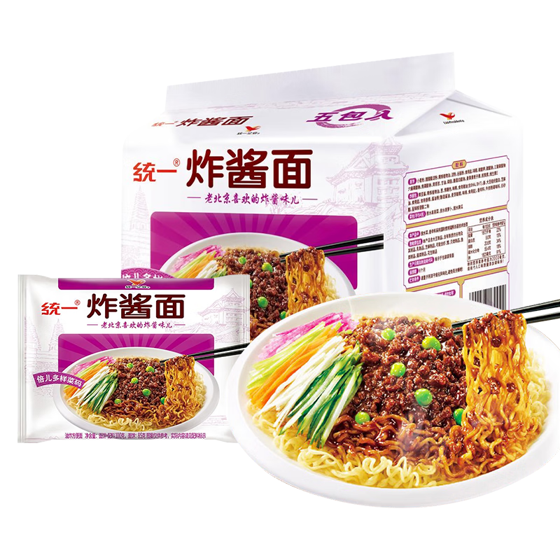 統(tǒng)一方便面老北京炸醬面五連包袋裝面干拌面即食方便面宿舍夜宵早餐 【30袋整箱】炸醬面100g*30袋