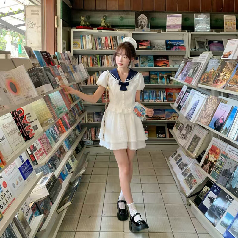 东鲸岁时记jk裙子女2025春新款白色连衣裙女小个子修身高级感减龄东京岁时记 长岛时光连衣裙白色  送领结 L