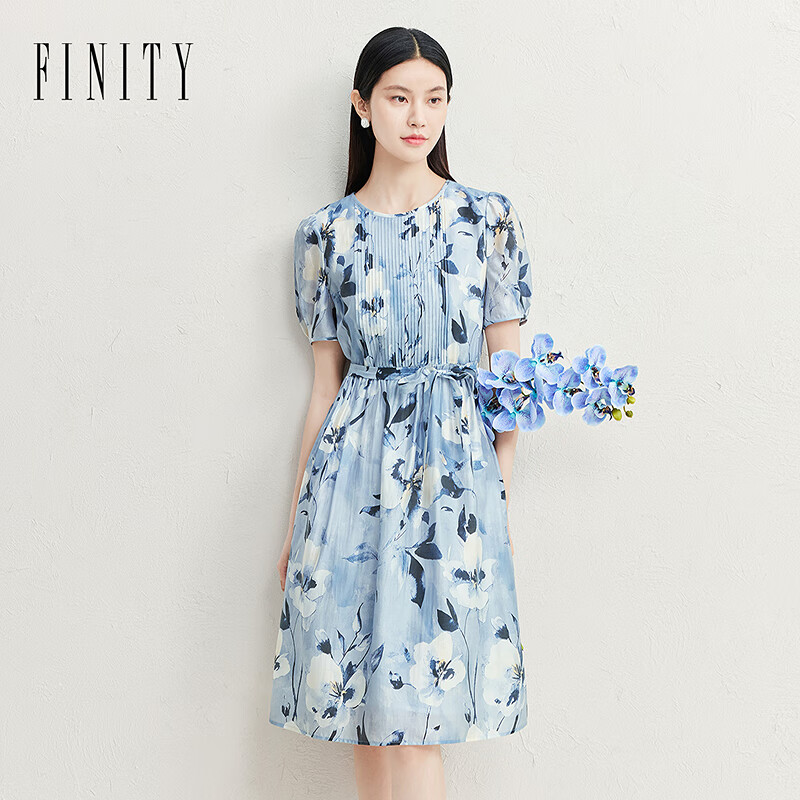 菲妮迪（FINITY）连衣裙2025年夏季新款简约气质条纹设计感百搭裙子女 灰蓝印花 XL