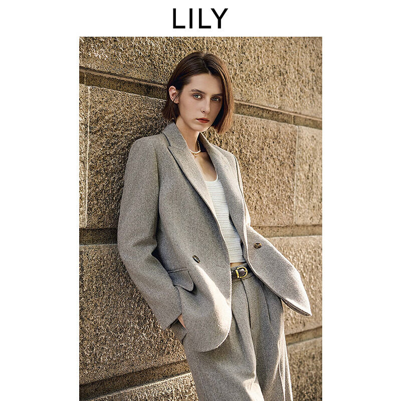 LILY2025秋新款绵羊毛混纺经典复古休闲通勤西装高级感西服外套女 714灰卡其 M