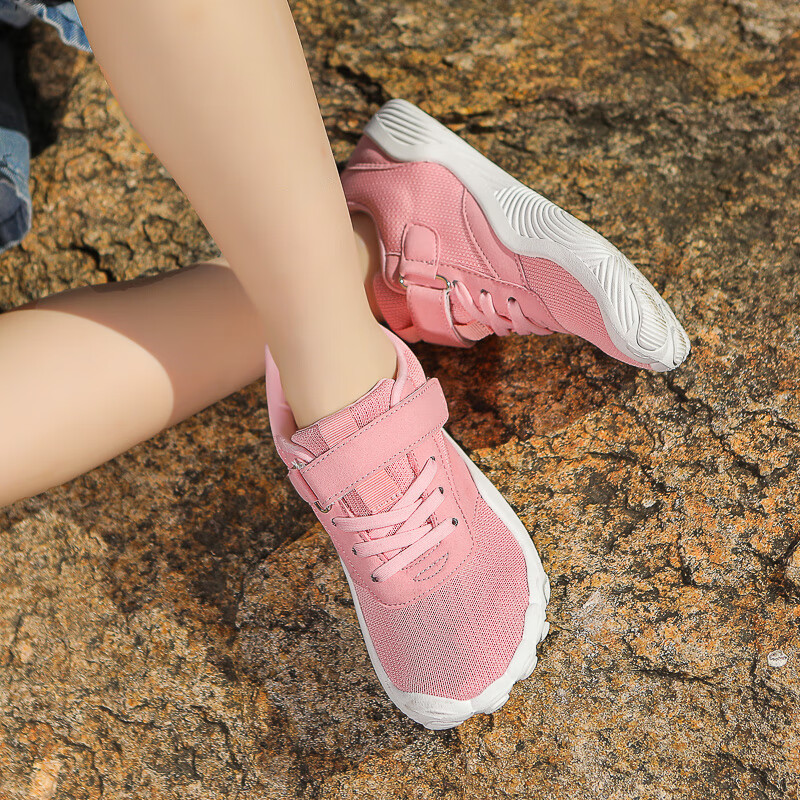 透气宽头儿童赤足鞋户外运动鞋学生小白鞋子男女童防滑跳绳鞋 粉红色