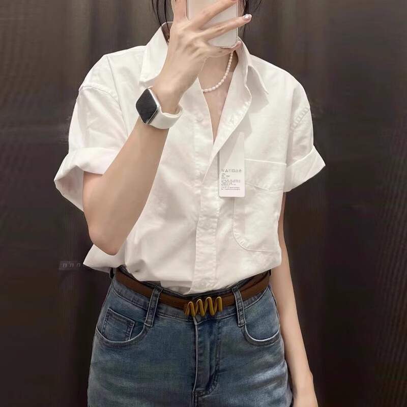 潮梦城短袖衬衫女休闲韩系时髦高级感百搭短袖衬衫女简约夏装职场穿搭宽 白色 S