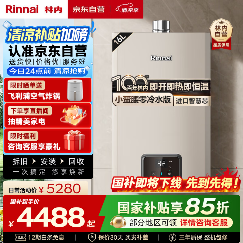 林内（Rinnai）【小蛮腰零冷水版】16升燃气热水器 【家电国家补贴15%】即开即热即恒温16GD61R（JSQ31-GD61R）
