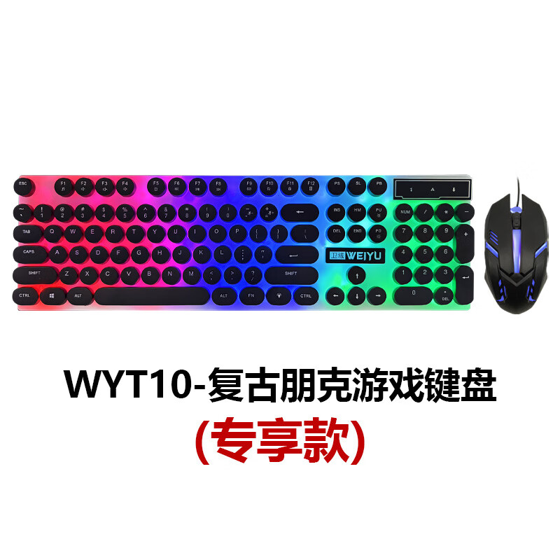 朋克混彩发光手感键盘有线游戏电竞办公笔记本卫域WYT10键盘 黑色彩虹键鼠标圆键帽朋克版 单光