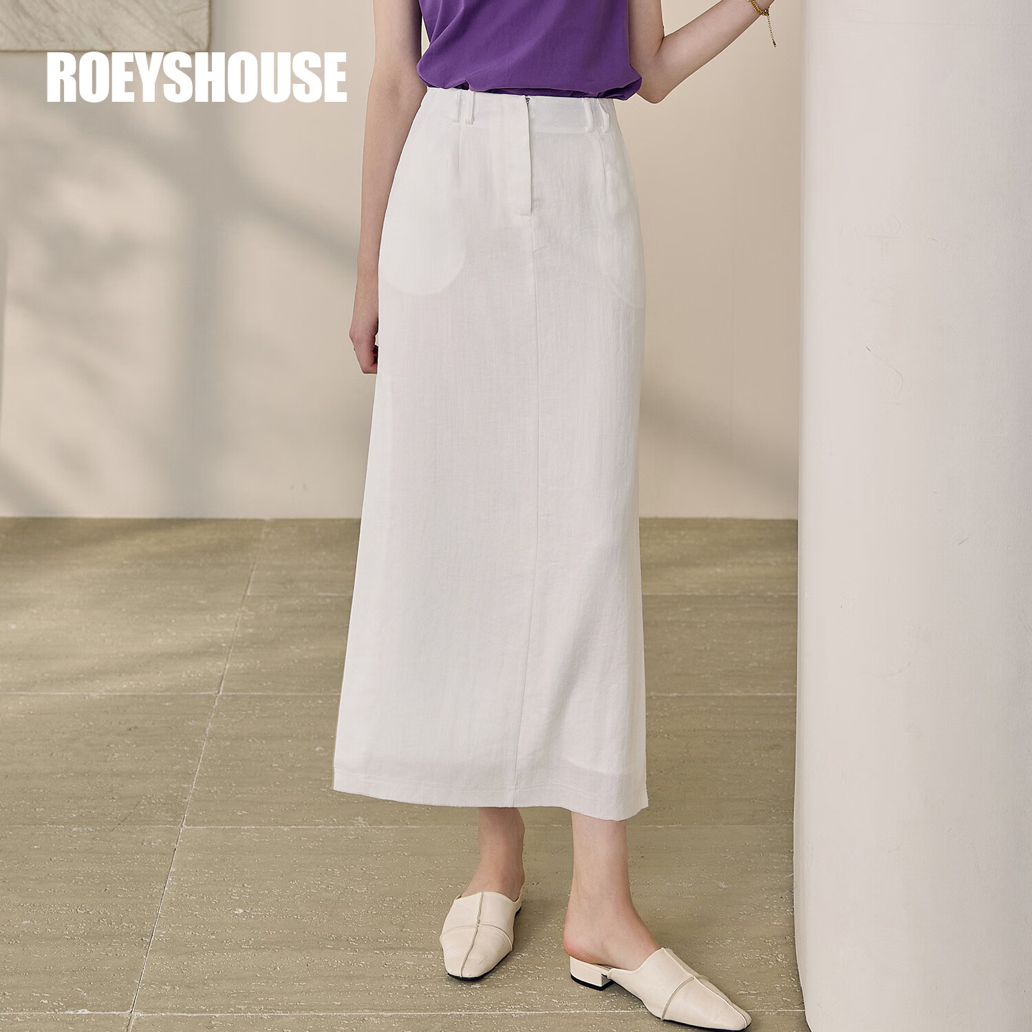 ROEYSHOUSE羅衣氣質(zhì)純色開叉半身裙女2025夏季新款時尚通勤高腰中長裙12427 白色 （配送腰帶） M