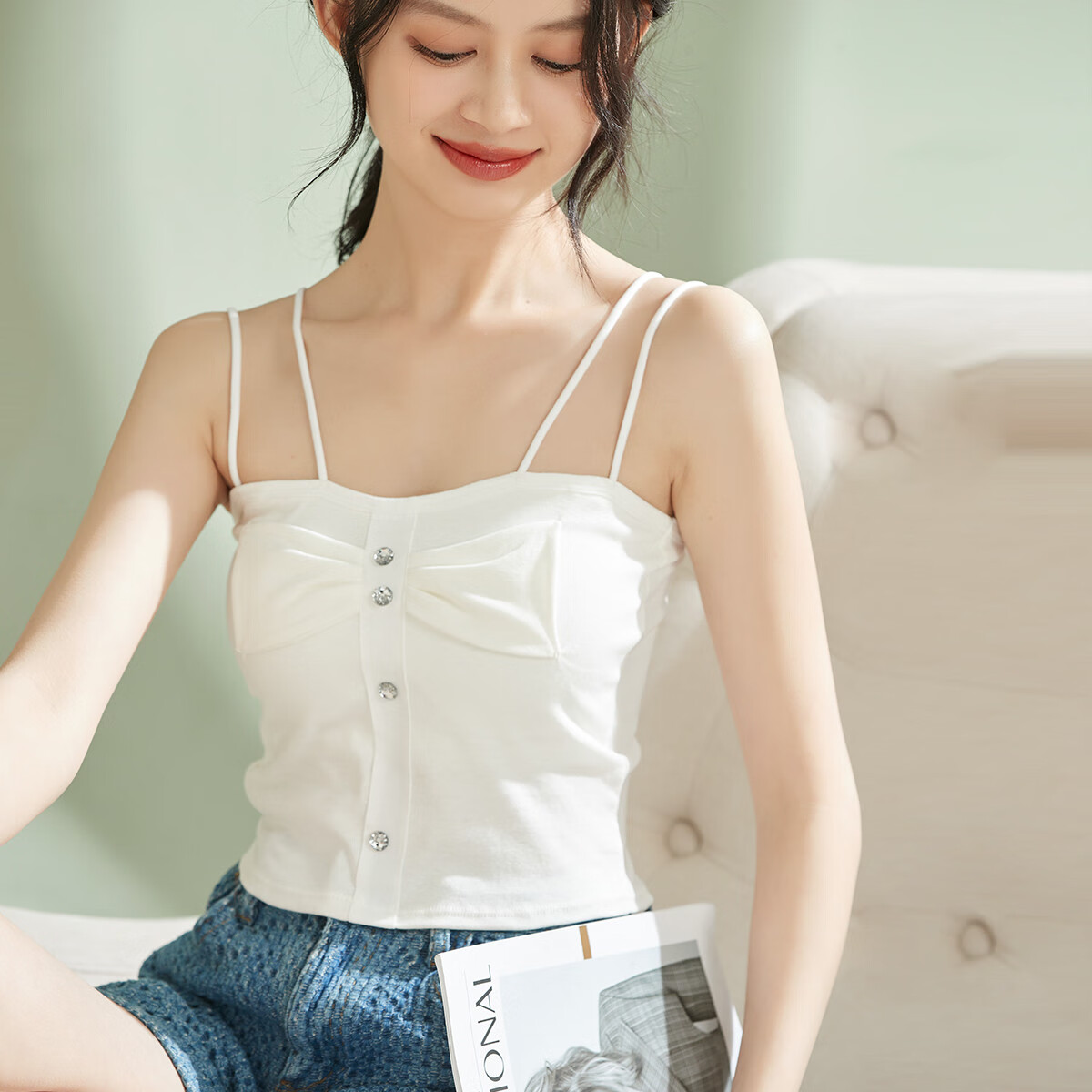 BYFORD百富夏季款纯色纽扣吊带背心女内搭外穿无袖带胸垫打底上衣BF0732 白色 均码