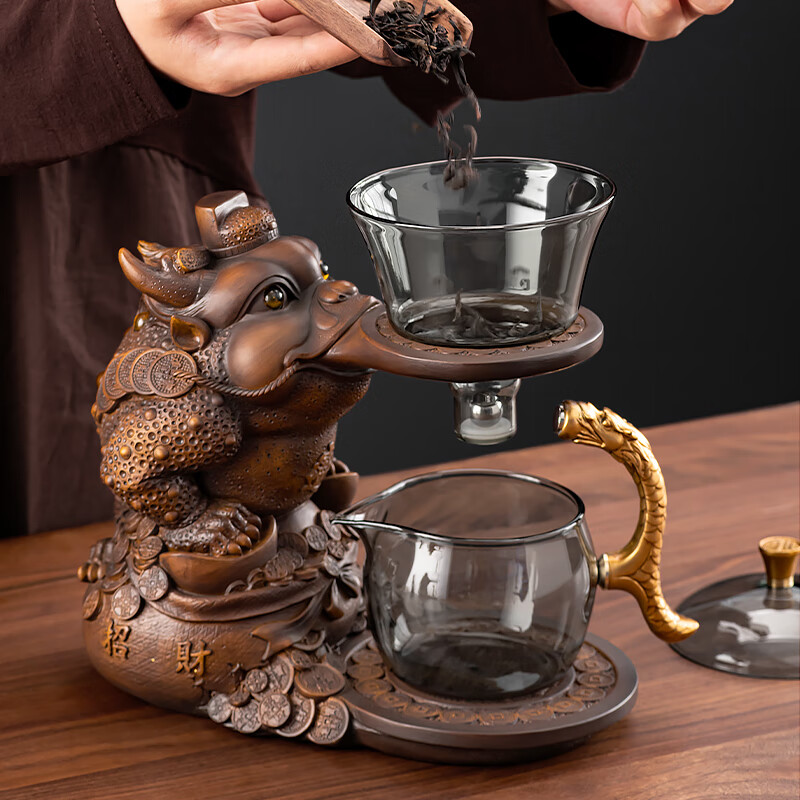心茧创意磁吸自动茶具套装高档懒人泡茶壶家用防烫办公整套金蟾桌摆件 烟灰/自动进宝金蟾主机+六把杯