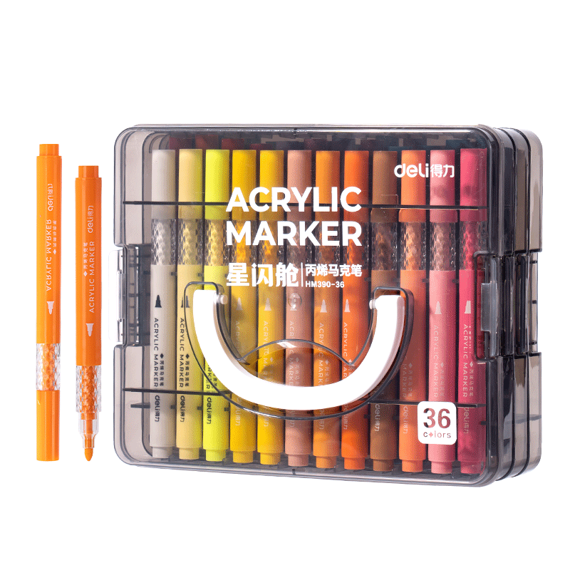 得力（deli）36色儿童学生层叠盒装星闪舱圆杆丙烯马克笔水彩笔生日礼物防水手绘咕卡荧光记号笔元旦树涂鸦