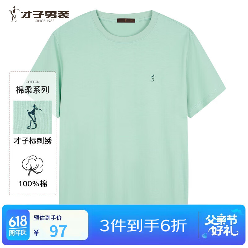 才子（TRIES）男士T恤衫纯棉短袖圆领2025夏季新款纯色基础吸汗品牌LOGO刺绣 浅绿色 常规 3XL 185/100A