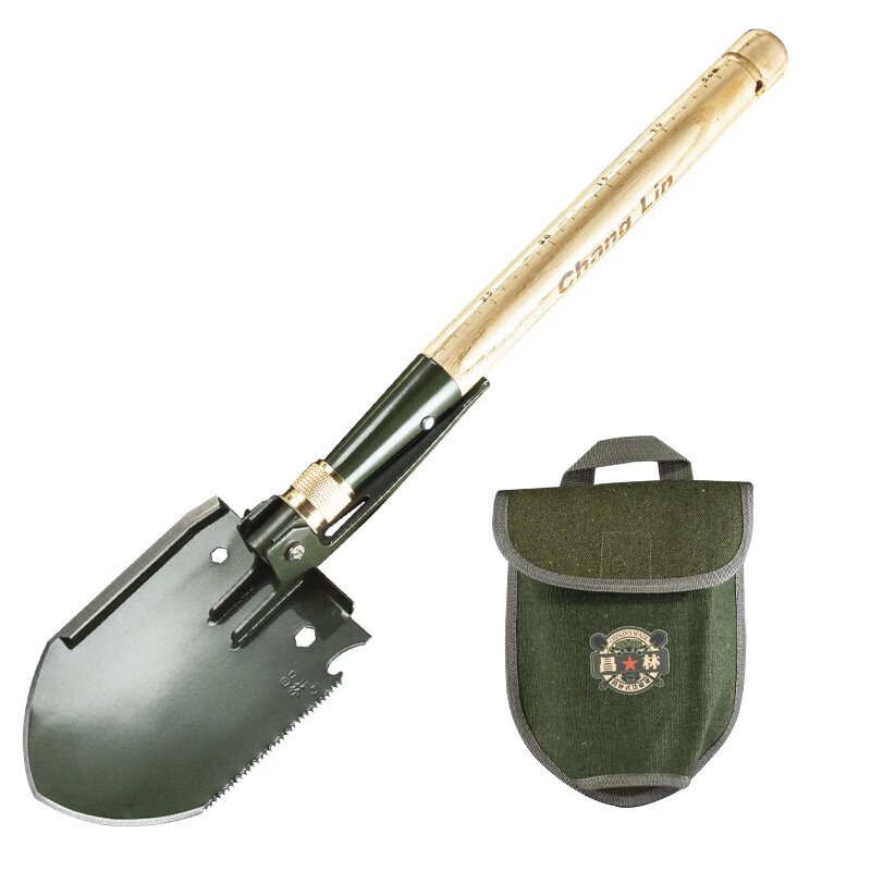 昌林308A戶外多功能工兵鏟便攜折疊野外釣魚鏟木柄鐵鍬車載兵工鏟 軍綠色