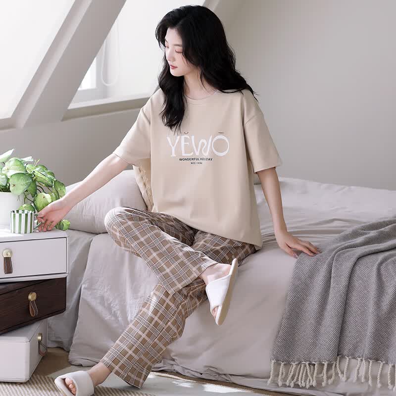 莫代尔情侣睡衣男女夏季100%纯棉短袖长裤25新款大码可外穿家居服2套装 QM65018情侣 均码 女L+男2XL