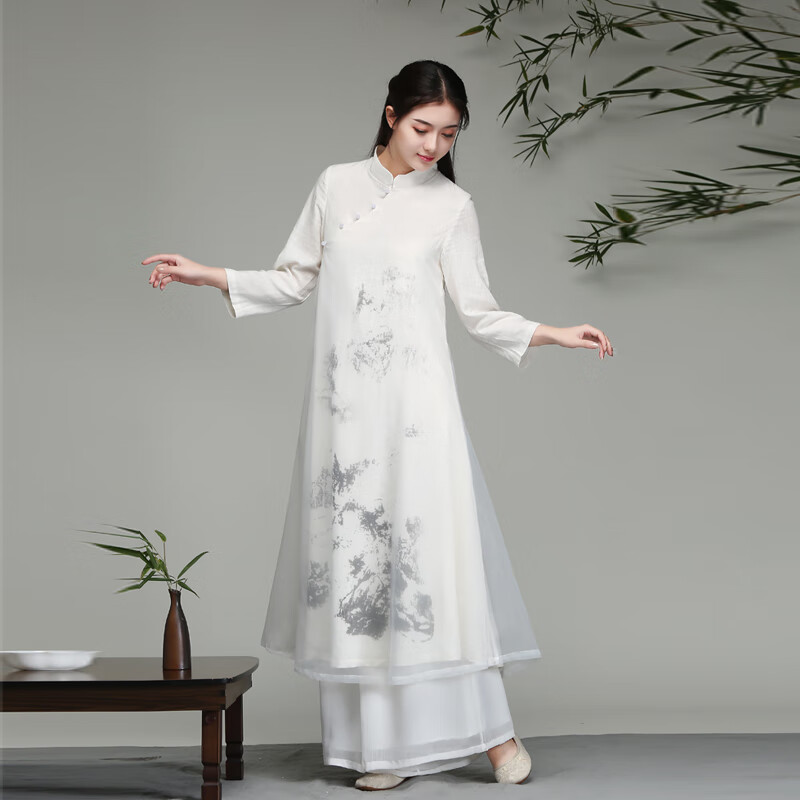 京功新中式茶服日常禪服連衣裙春夏中國(guó)風(fēng)禪意禪舞佛系手繪茶人古琴服 僅白色連衣裙 M