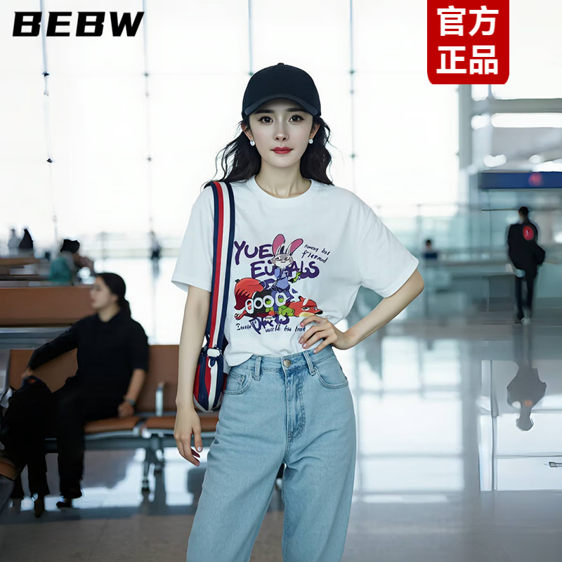 BEBW香港潮牌明星同款新款夏季白色卡通印花短袖T恤女宽松百塔上衣女 白色 S
