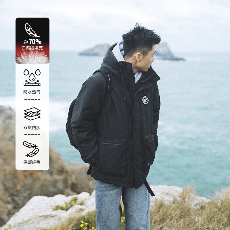 ACTUP吕小虎冬季新款连帽羽绒服男工装多口袋保暖羽绒白鸭绒外套 黑色 2XL 185/100A
