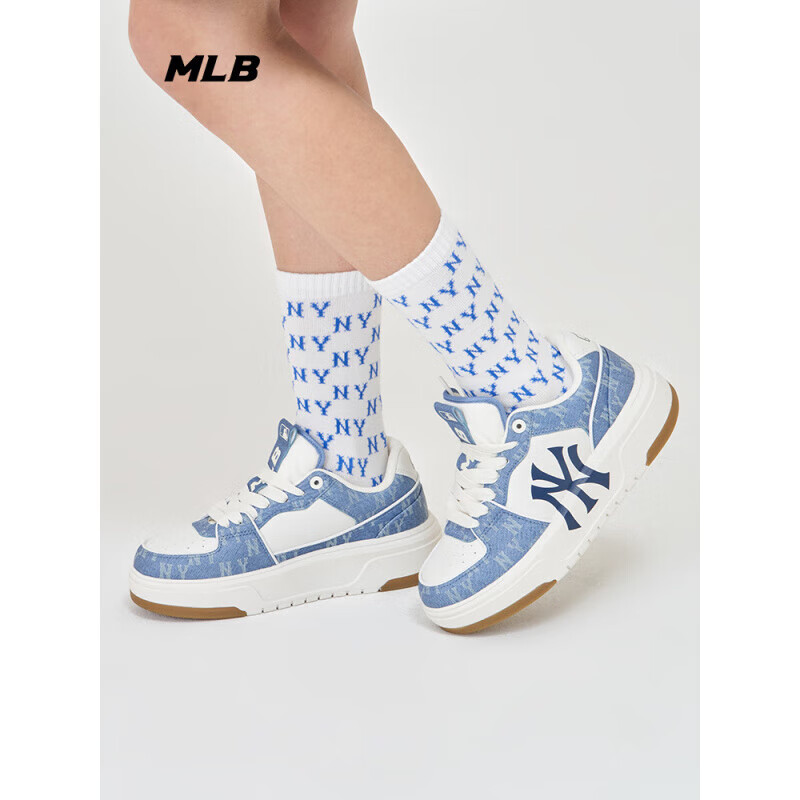 MLB张凌赫同款男女情侣复古板鞋休闲鞋时尚老花仿牛仔低帮学长鞋夏季 纽约洋基队/灰色 42