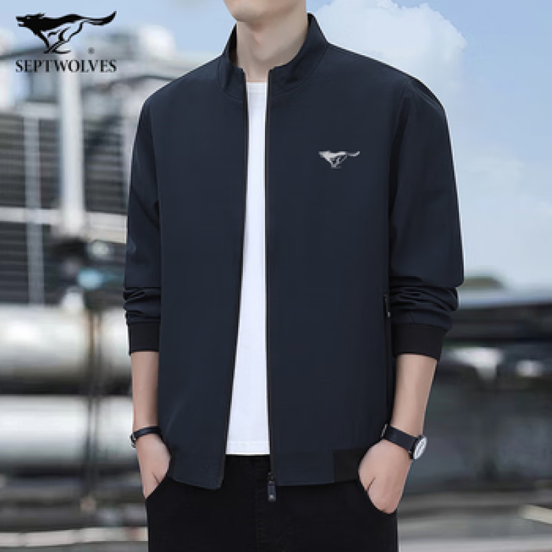 七匹狼夹克衫春秋季立领外套男装2025新款短款商务时尚休闲百搭夹克男 深蓝色  春秋款 常规 3XL  165-175斤