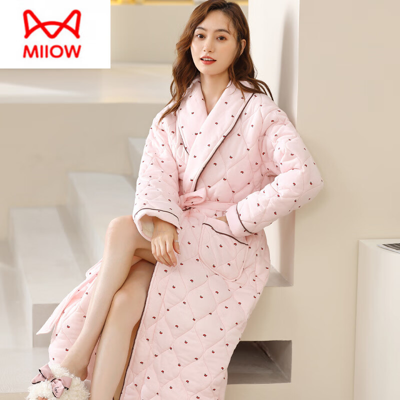 猫人（MiiOW）纯棉睡袍女士加厚连体睡衣秋冬季保暖浴袍中年妈妈三层夹棉家居服 SP001 L 建议110-120斤