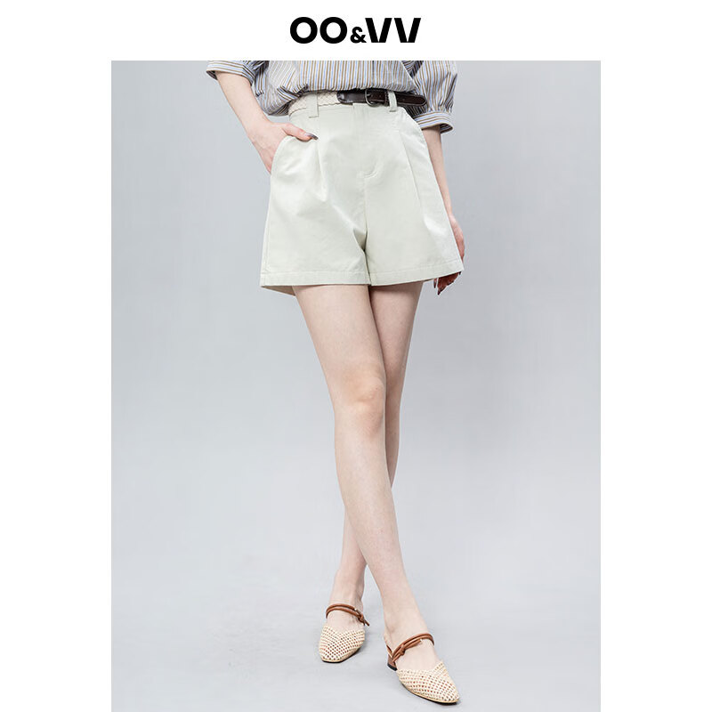 OO&VV纯棉休闲短裤女2025夏新款阔腿宽松配腰带薄款显高显瘦女裤 杏仁米 S