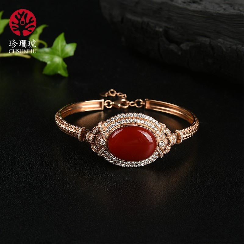 珊瑚手镯 佩戴高雅气质 镶嵌玫瑰金钻石阿卡彩宝 定制设计款 赤红 39