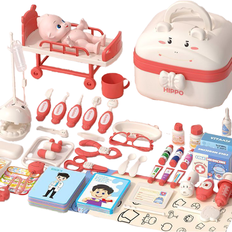 童雀醫(yī)生玩具兒童女孩醫(yī)療3-6歲寶寶過家家聽診器生日禮物小護士扮演 醫(yī)療過家家58件套粉【送娃娃病床