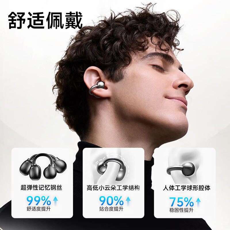 WIWU【超级AI同声传译】小云朵耳夹式蓝牙耳机降噪运动夹耳式耳机不入耳开放式骨传导概念适用苹果安卓 曜石黑【超级AI同声传译+皮革纹理设计】