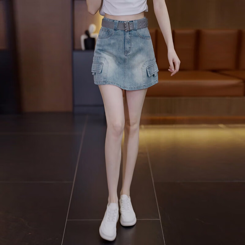 魅力棠美式工裝牛仔裙褲女夏季2025新款復(fù)古高腰寬松顯瘦a字闊腿短褲裙 藍(lán)色 S (建議80-95斤)