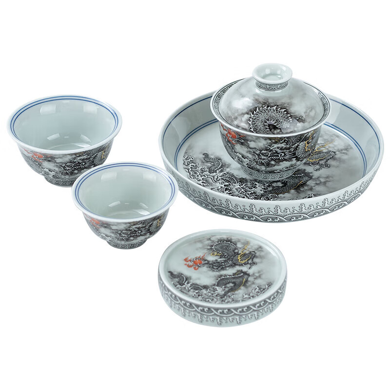 京峰阁 茶具盖碗套装 高档轻奢手工描金家用送礼整套泡茶碗茶杯泡茶器 墨龙悬停盖碗(一盖碗二杯)