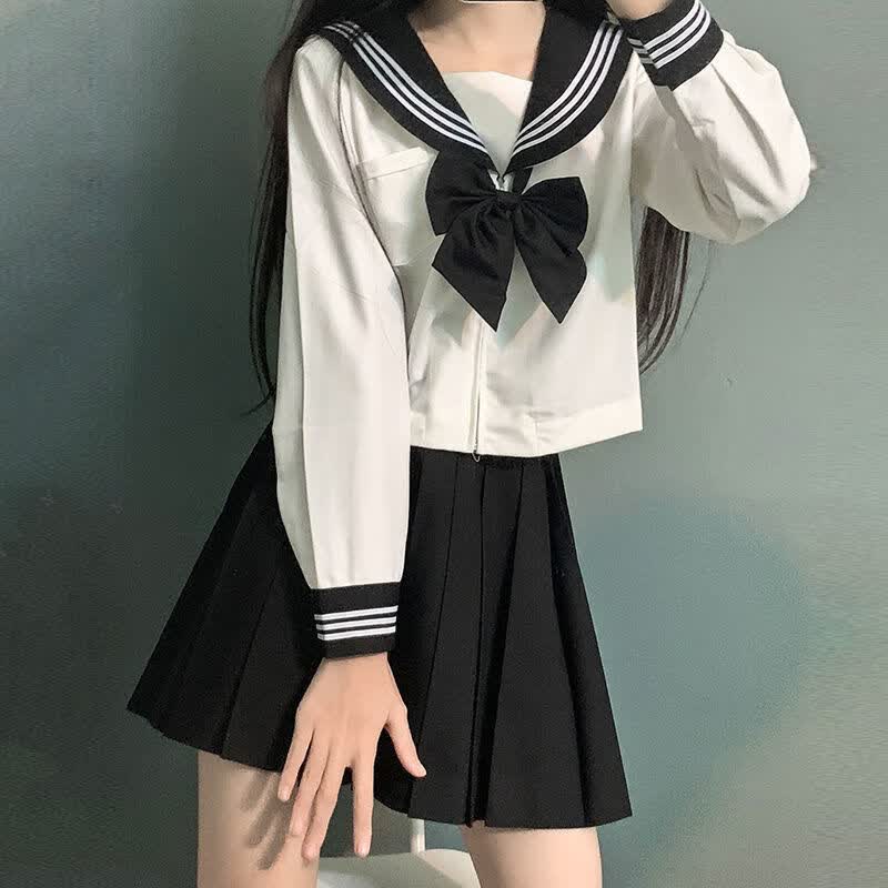 ukcf水手服正统jk制服套装基础款黑身白三本夏服日系 黑三本长袖 黑