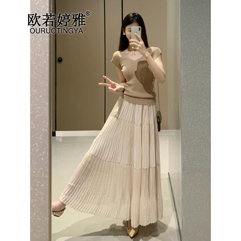 歐若婷雅2025新品連衣裙女夏季衣服新款短袖針織衣半身裙子套裝女裝兩件套 套裝 L