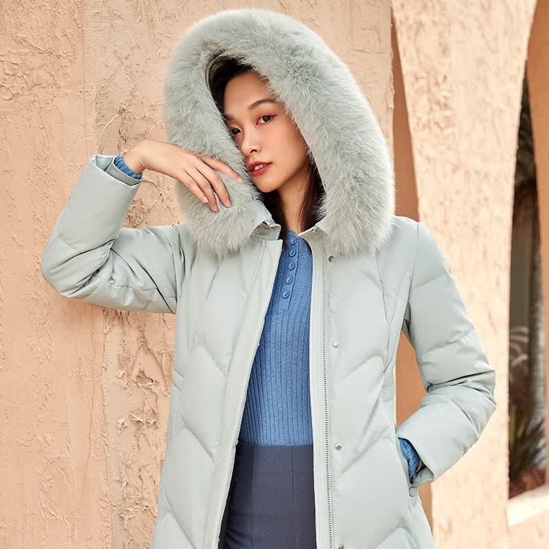 千仞岗秋冬季长款连帽羽绒服女士狐狸毛领百搭休闲外套时尚保暖防寒服 尼加拉蓝 M (165)