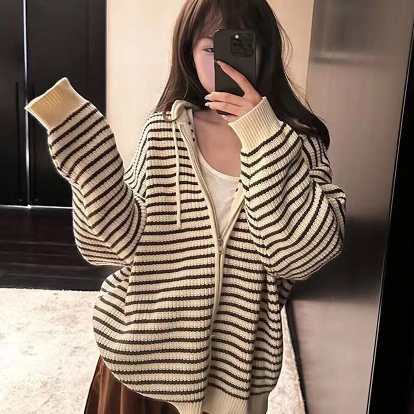 俞兆林针织衫女秋冬季新款条纹连帽毛衣开衫外套女小个子宽松慵懒风上衣 米白条纹 均码