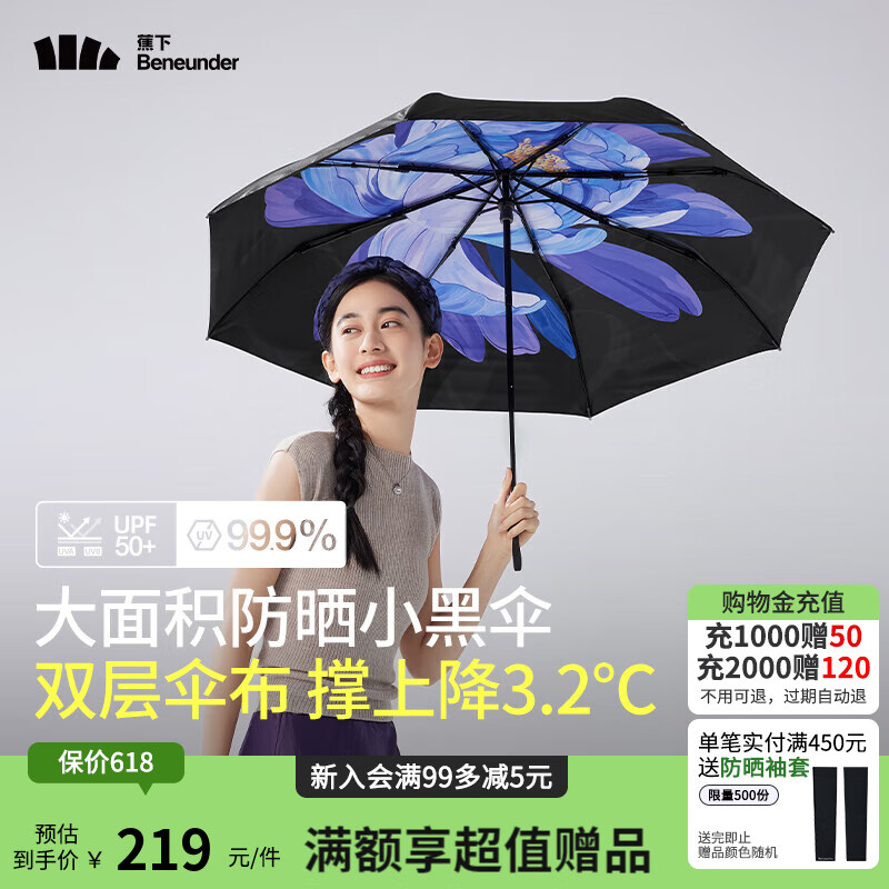 蕉下雙層小黑傘BM63024遮陽傘戶外防紫外線黑膠隔熱大花防曬傘女 夜蓮