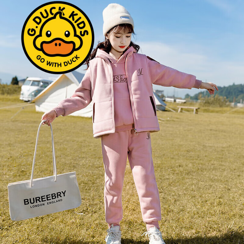G.duck品牌童装3-14岁女童秋装套装春秋款8儿童外套裤子9女孩洋气两件套 BQ1180 加绒加厚冬装 粉色三件套 140