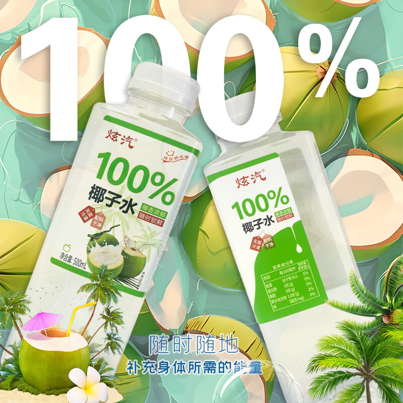 炫汽100%新鲜果汁饮料苹果汁葡萄汁桔子汁椰子汁500ml/瓶夏日休闲饮品 【500ML*15瓶】椰子汁
