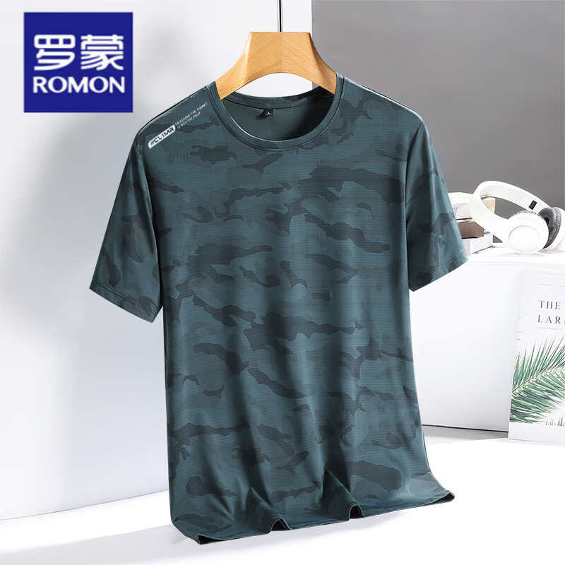 羅蒙（ROMON）夏季新款冰絲短袖胖子速干t恤男加肥加大中老年爸爸運動網(wǎng)眼迷彩 墨綠色 0227款迷彩 L