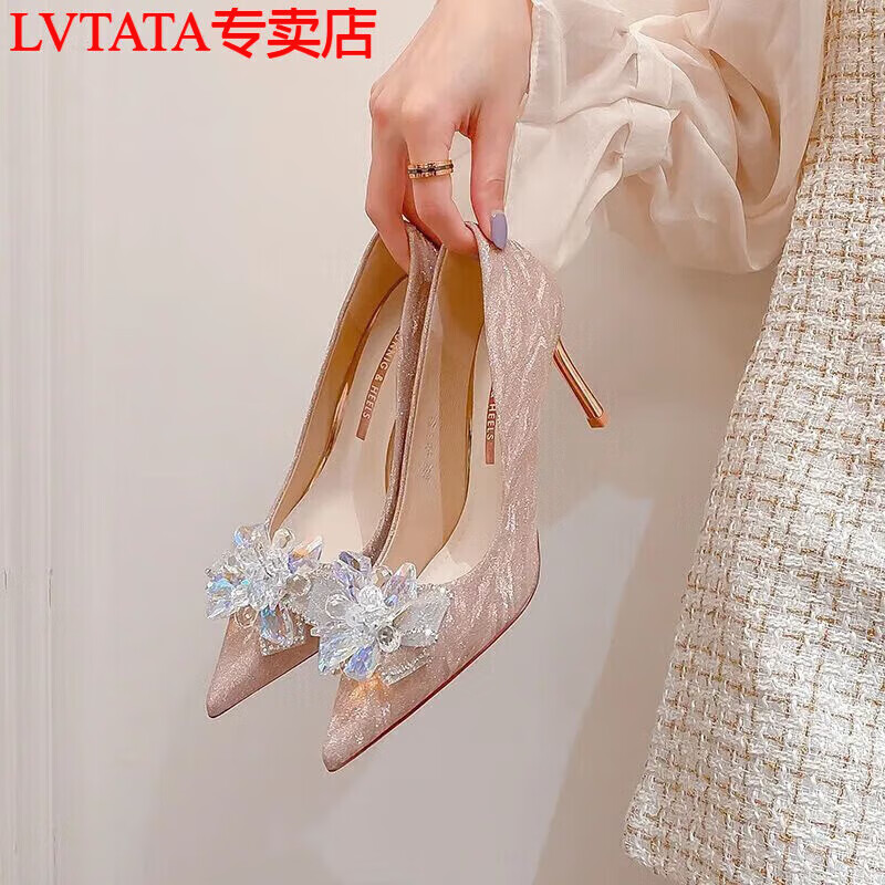 LVTATA法式水晶钻婚鞋女2025新款秀禾主婚纱两穿新娘鞋少女春秋细高跟鞋 香槟色6厘米【升级版】 37