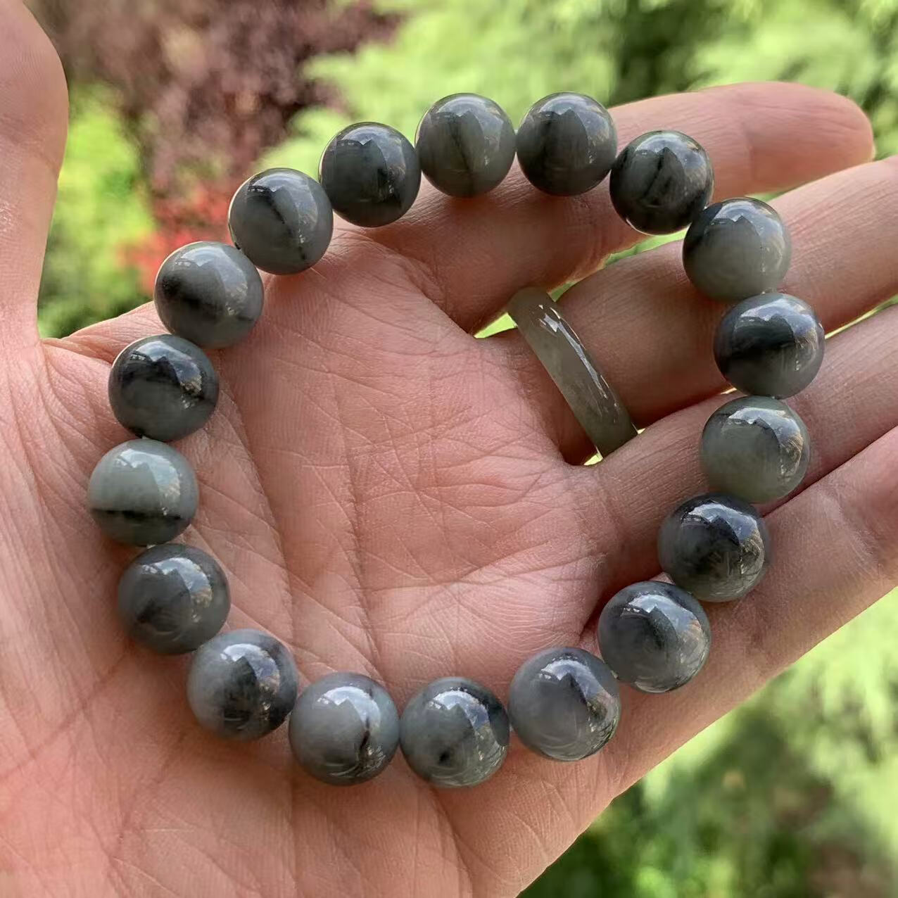 玉乐福缅甸天然a货翡翠手串黑色乌鸡半山半水一线天手串12mm一物一证