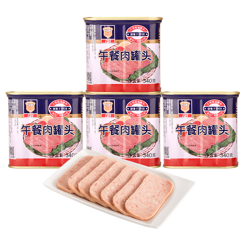 梅林（MALING） 上海梅林罐頭午餐肉198g340g罐裝豬肉火鍋熟食早餐食品 【4罐】午餐肉340g