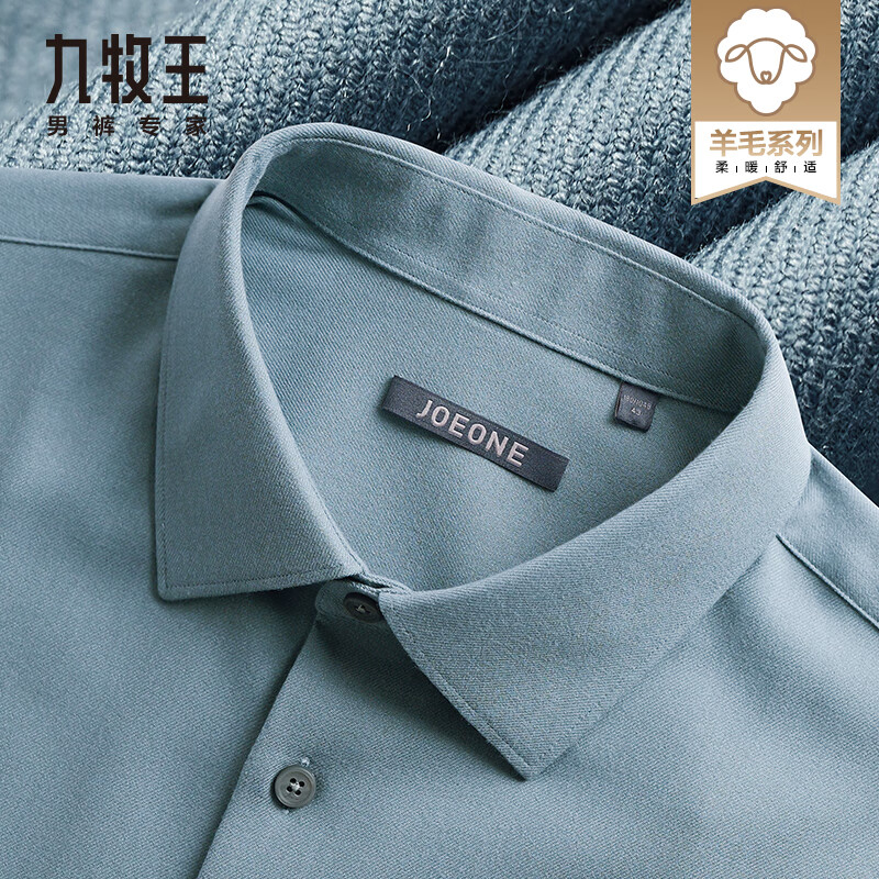 九牧王【羊毛衬衫】长袖男春秋商务正装加厚保暖轻奢工装公务中年衬上衣 蓝色 TCW1D50117 41 175/96A