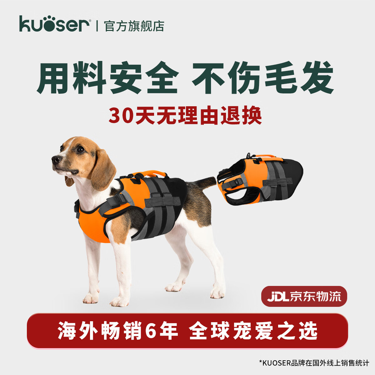 KUOSER狗狗救生衣宠物游泳玩水户外强浮力安全反光狗狗泳衣 橙黑 L【胸围58-75cm丨体重参考18-31.8kg】