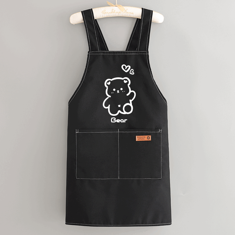 简漾洋气可爱围裙厨房防油家用新款工作服餐饮时尚印字做饭围腰女简约 拜拜熊黑色