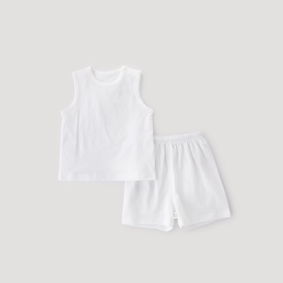巴厘小猪宝宝分体套装夏装2025新款男童无袖薄款女童两件装夏季婴幼儿衣服 米白 90